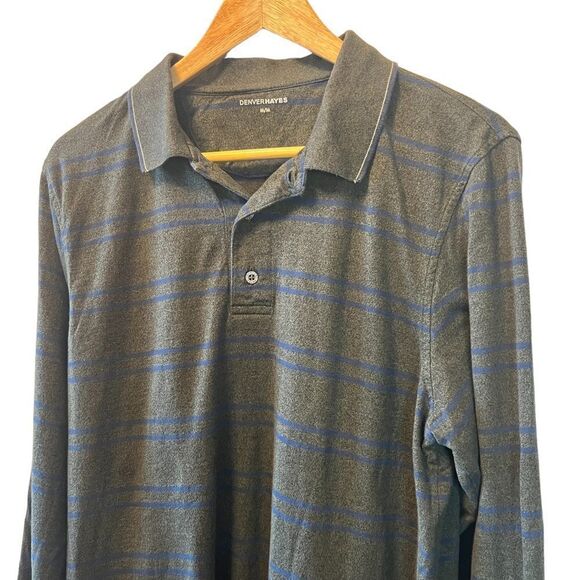 MENS DENVER HAYES Grey & Blue Striped Long Sleeve Cotton Polo Collared Shirt M - Picture 2 of 8